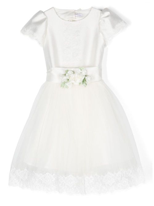 Floral-appliqué short-sleeved dress - White
