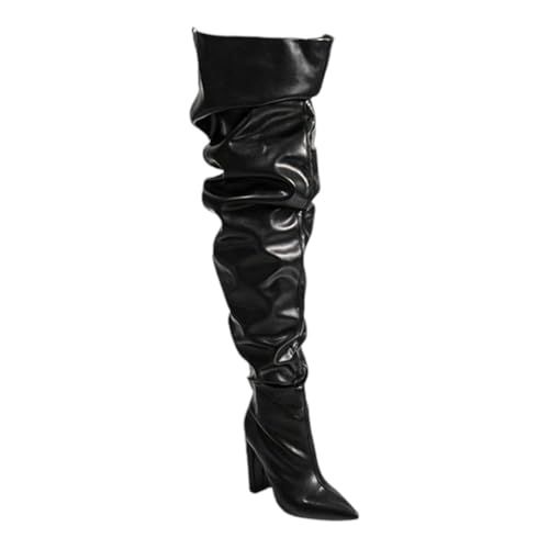 Liliana Women's Over The Knee Thigh High Chunky Heel Slouchy Boots Nordic-31 Black Pu