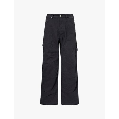Mens Black Canvas Wide Leg Carpenter Faded Wash Wide-leg Mid-rise Denim Jeans 30