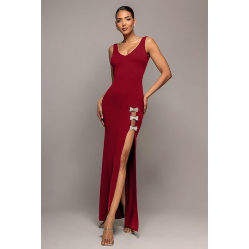Goddiva Diamante Brooch Thigh Split Mermaid Maxi Dress - Wine