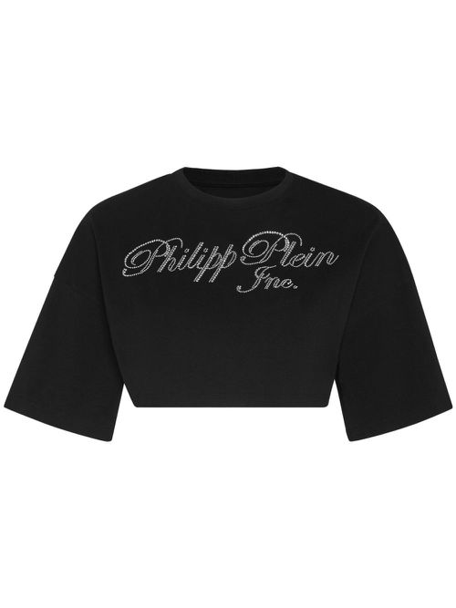 Crystal-embellished logo-print cropped T-shirt - Black