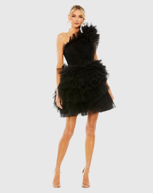 Tulle Ruffle One Shoulder Mini Dress In Black