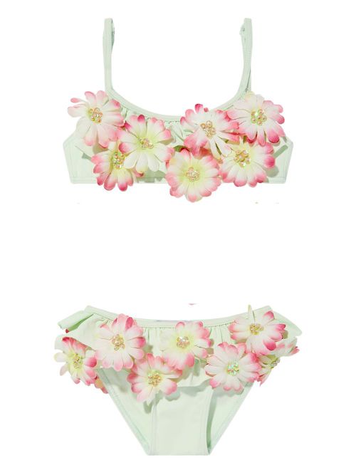 Flower-embellished ruffled bikini - Green