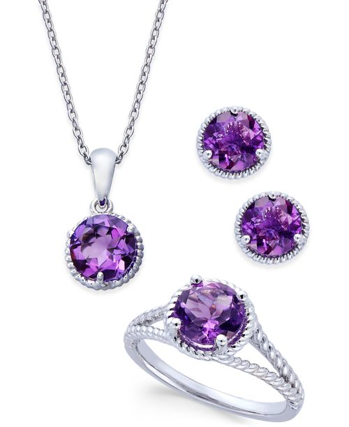 Amethyst Rope-Style Pendant Necklace, Stud Earrings and Ring Set (4 ct. t.w.) in Sterling Silver - Sterling Silver