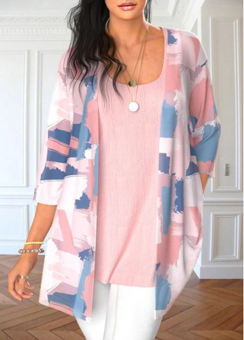Modlily Light Pink Graffiti Print Cardigan and Tank Top