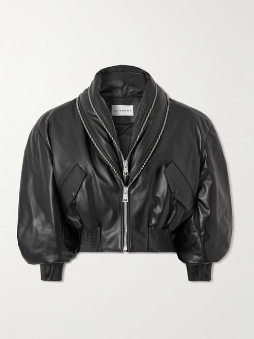 Cropped Layered Leather Bomber Jacket - Black