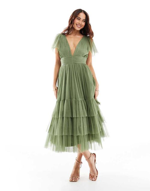 olive green lace bridesmaid dresses Her theory Lace Trim Maxi Dress Olive main image 1