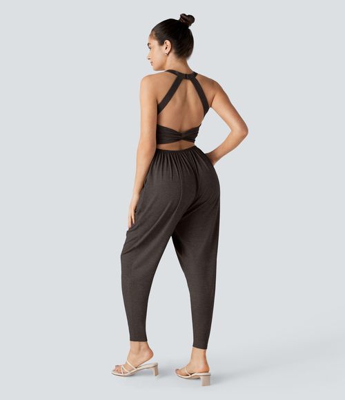 U Neck Pocket Harem Casual Jumpsuit-Easy Peezy Edition  - Earthwood Brown