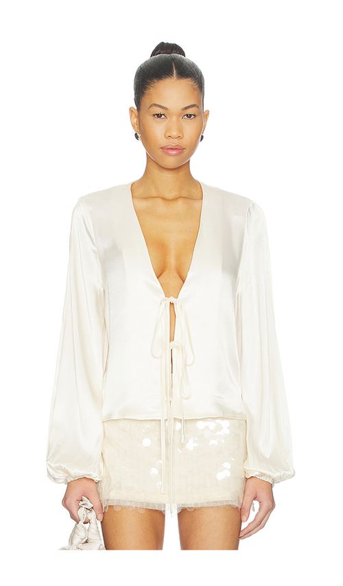 SNDYS Lucille Tie Front Long Sleeve Top in Ivory. L. Also in S, XS, M
