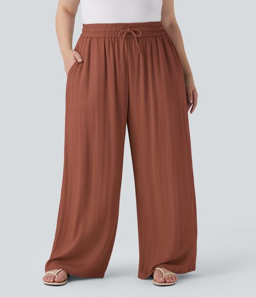 High Waisted Drawstring Linen-Feel Wide Leg Casual Plus Size Pants with Pockets  - Sequoia
