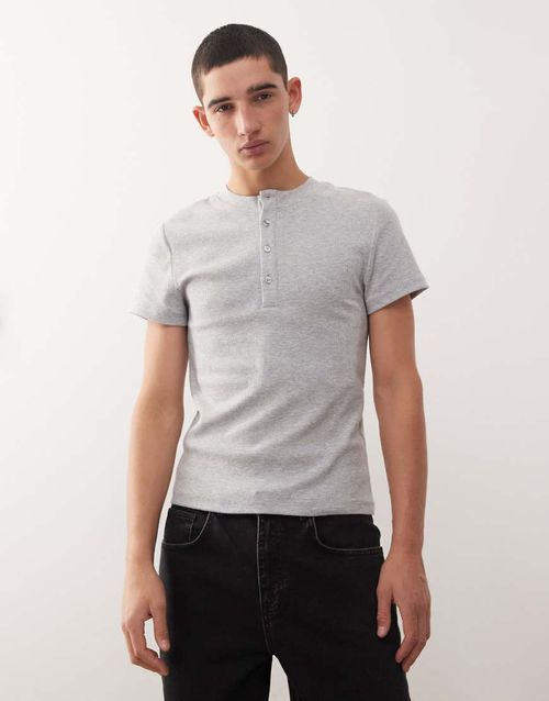 Ribbed muscle short sleeve henley T-shirt in gray heather