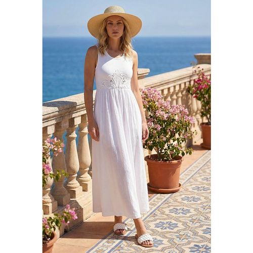 Roman Womens Cotton Blend Lace Detail Midi Dress - White