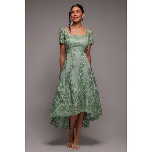 Goddiva Scalloped Neck Embroidered Lace High Low Midi Dress - Sage Green