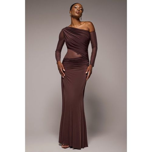 Goddiva Gathered Cowl Asymmetric Mesh And Soft Touch Maxi Dress - Brown