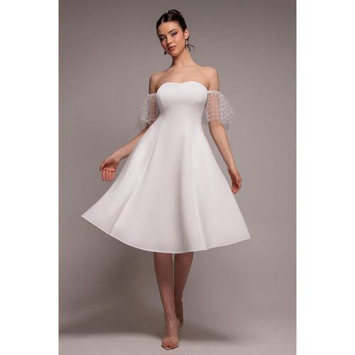Goddiva Scuba & Polka Mesh Off The Shoulder Midi Dress - White
