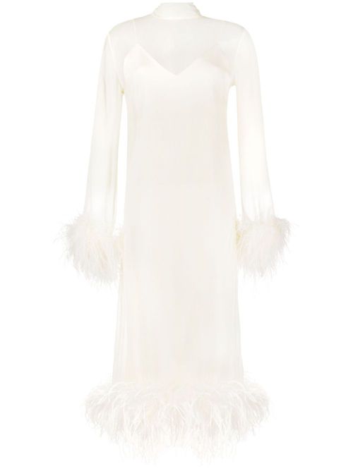 Feather-trim long-sleeve dress - Neutrals