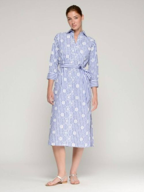 Shirt Dress With Flower Embroidery In Blue/white Stripe