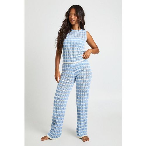 Boohoo Women's Crochet Stripe Knit Top & Wide Leg Co-Ord in Baby Blue | : Sma