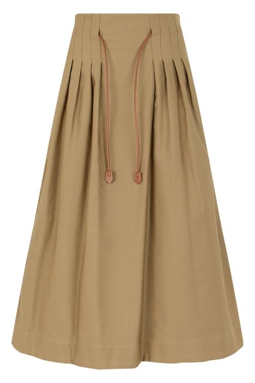 Pleated Long Skirt with Adjustable Waist Ribbon Closure