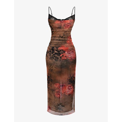 Womens Printed Nalini Floral and Leopard-print Stretch-mesh Midi Dress
