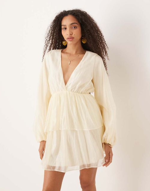 Long sleeve V-neck mini dress in pale yellow
