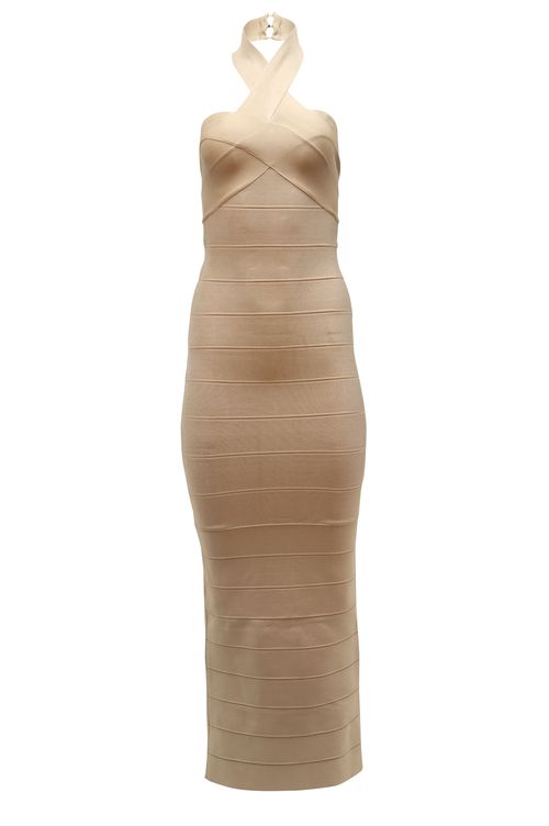 Herve Leger | Bandage Halter Neck Gown in Beige Rayon | Realry Herve Leger | Bandage Halter Neck Gown in Beige Rayon | Realry