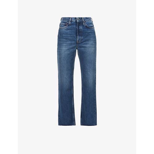 Womens Mid Blue Raw-hem Straight-leg High-rise Organic-cotton Jeans