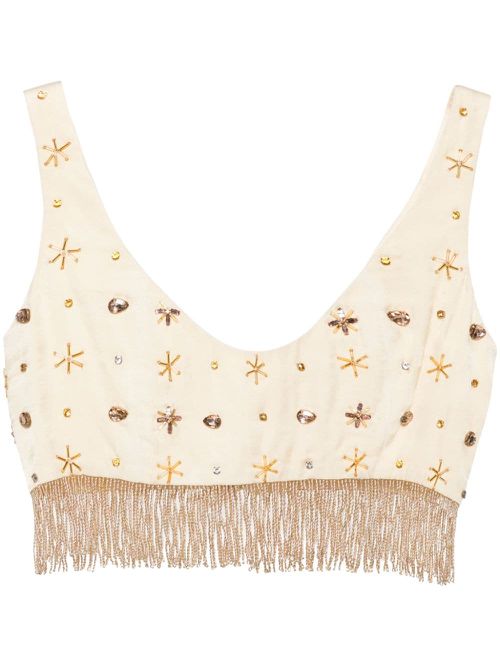 Fringed bead-embellished crop top - Neutrals