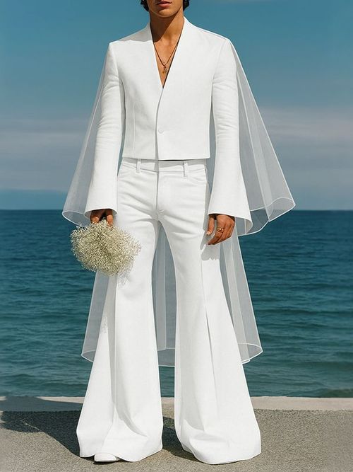 Men's Chiffon Flap Patchwork Cropped Two Pieces Outfit SKUL36612 - White / S