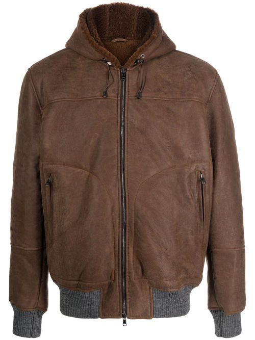 Hooded shearling-lining bomber jacket - Brown