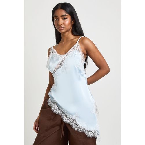 Boohoo Womens Asymmetric Hem Lace Satin Cami Top - Pale Blue