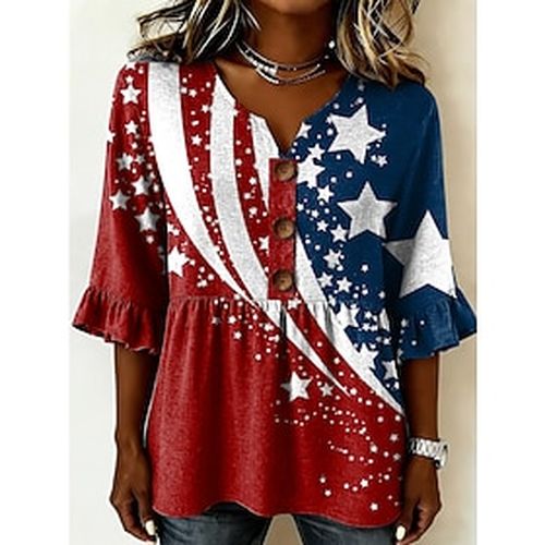 American Independence Day Women's Shirt Patchwork Buttons Print Graphic USA American Flag Vintage Stylish Long Sleeve V Neck Long Tops Casual Daily Holiday Whi