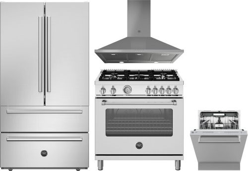 Bertazzoni 4 Piece Kitchen Appliances Package with French Door Refrigerator, Gas Range and Dishwasher in Stainless Steel BERERADWRH1111
