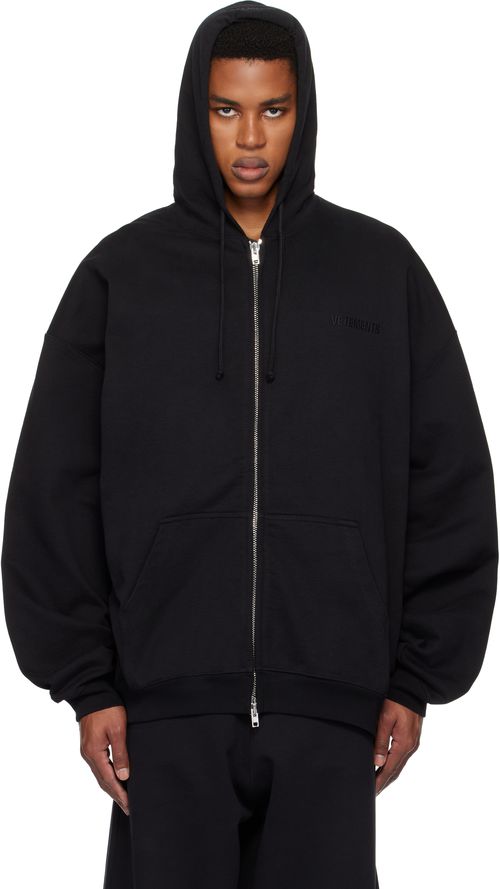 VETEMENTS Black Embroidered Logo Oversized Zip-Up Hoodie