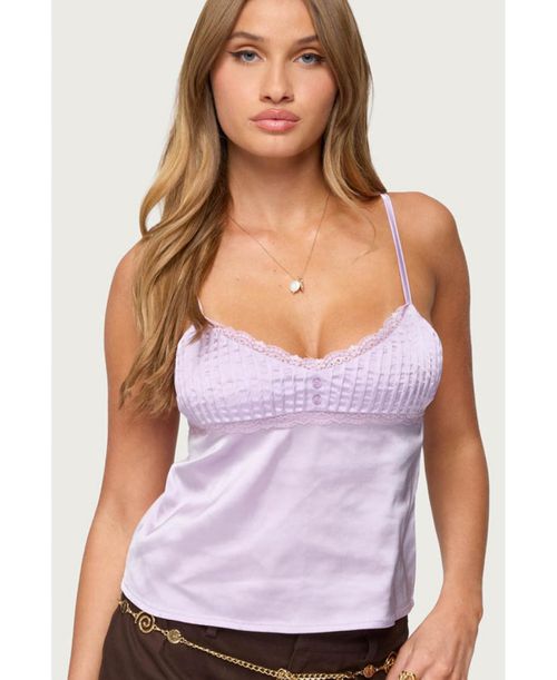 Womens Blanca Satin Lace Trim Tank Top - Lilac