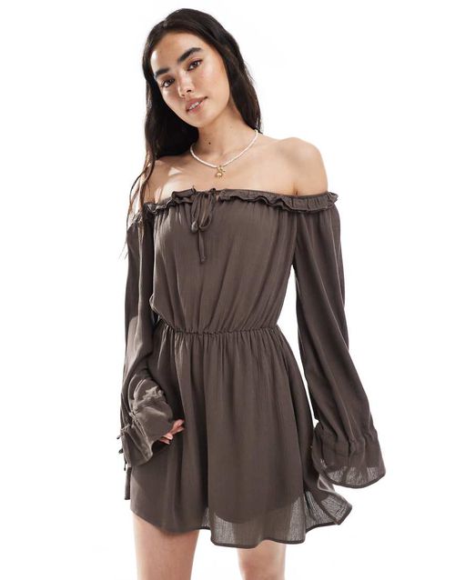 princess polly baby blue dress Solid Ruffle Hem Belted Bardot Dress main image 1