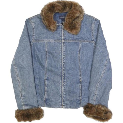 JONES NEW YORK Womens Blue Cotton Faux Fur Collar & Cuff Zip Denim Jacket
