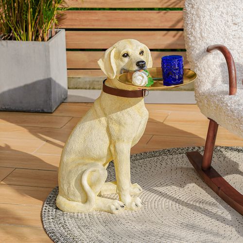 Modern Beige Resin Dog Sculpture Cute End Side Table with Stainless Steel Storage Tray