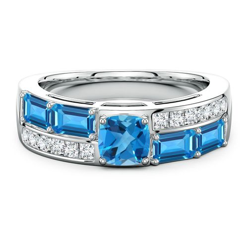 Lee Harris x Angara 2.35 CTW Cushion Swiss Blue Topaz Modern Art Deco Inspired Double Side Stone Shank Ring in Platinum