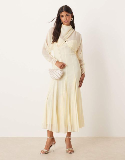 Long sleeve wrap over top dress with godet full skirt and low back midi dress in buttermilk-Yellow