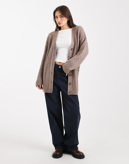 Oversized longline cable cardigan in mocha-Brown