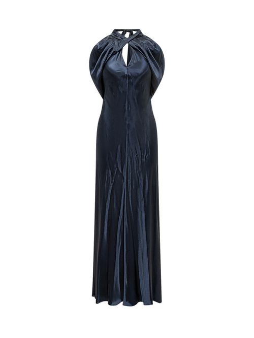 Blue Solid Halter Neck Maxi Dress