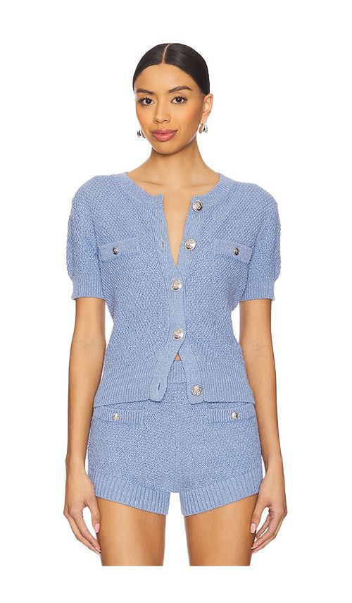 Central Park West Seed Stitch Short Sleeve Cardigan in Blue. M. Also in L