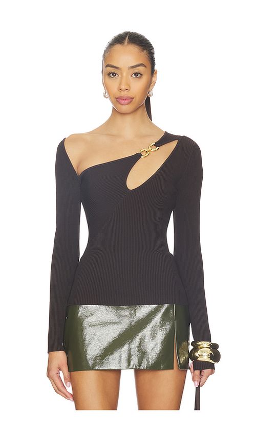 NICHOLAS Falda Asymmetrical Double Rin Rib Knit Top in Chocolate. L. Also in XS, S
