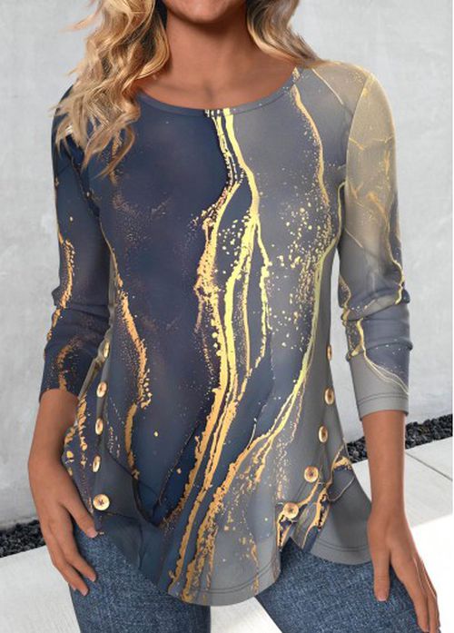 Modlily Blue Button Marble Print Long Sleeve T Shirt