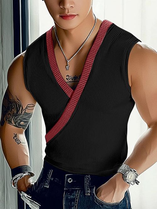 Mens Knit Ribbed Color-Blocked Tank SKUL04168 - Black / S