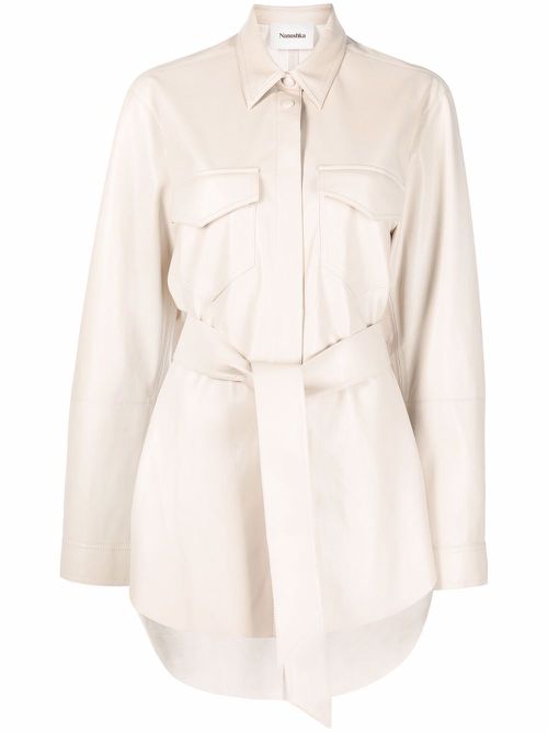 Vegan-leather belted oversize shirt - Neutrals