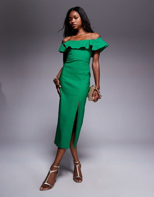 Bengaline ruffle bardot side slit midi dress in emerald-Green