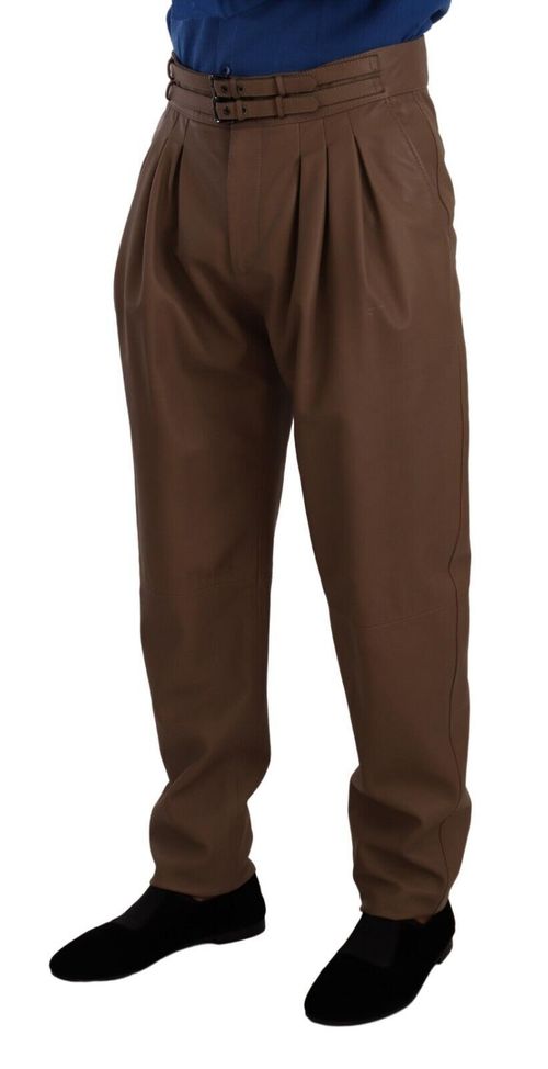 Leather High-Waist Tapered Trousers — Brown