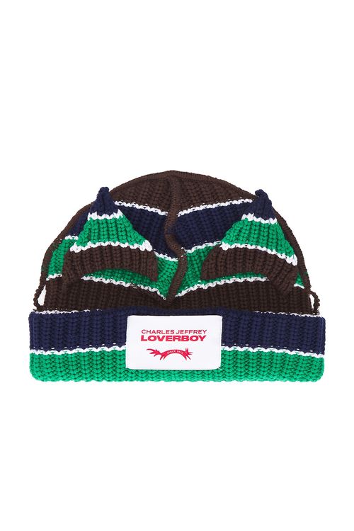 Charles Jeffrey LOVERBOY Chunky Ears Beanie in Green Navy & Brown Stripe - Black,Green. a